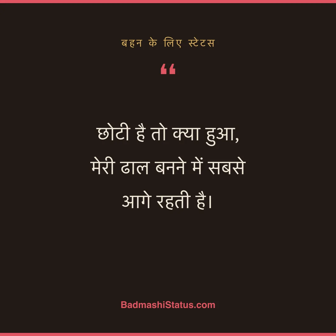छोटी है तो क्या हुआ,  मेरी ढाल बनने में सबसे आगे रहती है। - बहन के लिए स्टेटस