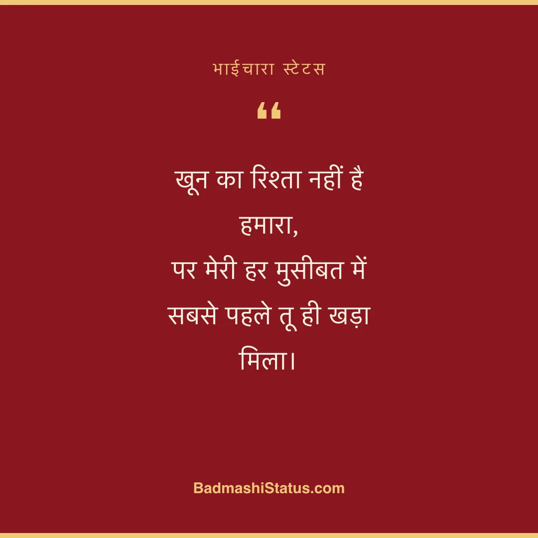 खून का रिश्ता नहीं है हमारा,  पर मेरी हर मुसीबत में सबसे पहले तू ही खड़ा मिला। - भाईचारा स्टेटस