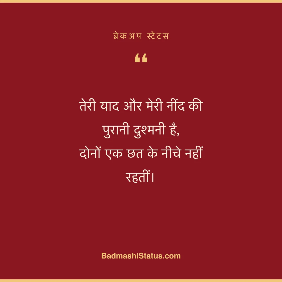 तेरी याद और मेरी नींद की पुरानी दुश्मनी है, दोनों एक छत के नीचे नहीं रहतीं। - ब्रेकअप स्टेटस