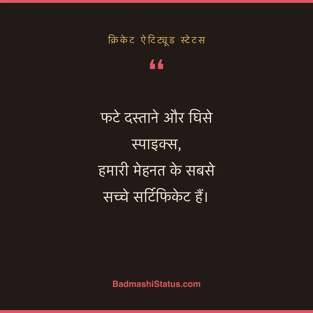 फटे दस्ताने और घिसे स्पाइक्स,  हमारी मेहनत के सबसे सच्चे सर्टिफिकेट हैं। - क्रिकेट ऐटिट्यूड स्टेटस