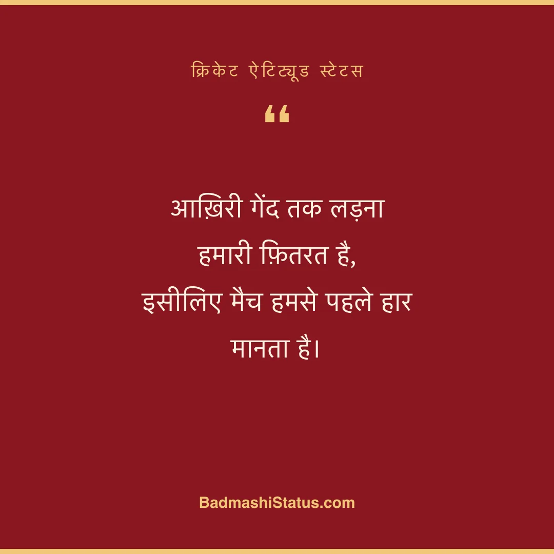 आख़िरी गेंद तक लड़ना हमारी फ़ितरत है,  इसीलिए मैच हमसे पहले हार मानता है। - क्रिकेट ऐटिट्यूड स्टेटस