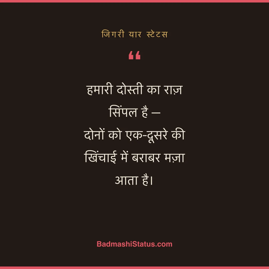 हमारी दोस्ती का राज़ सिंपल है -  दोनों को एक-दूसरे की खिंचाई में बराबर मज़ा आता है। - जिगरी यार स्टेटस