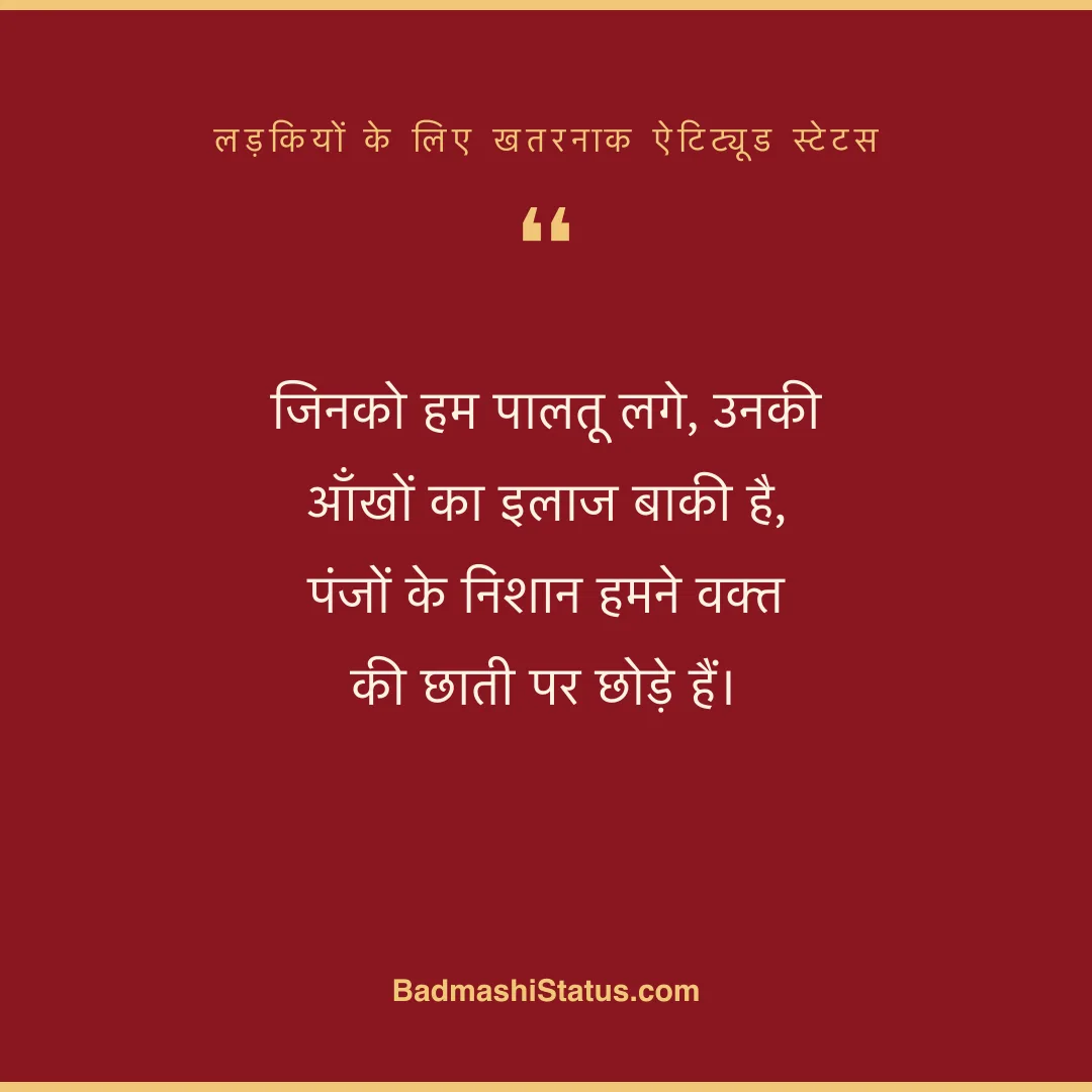 जिनको हम पालतू लगे, उनकी आँखों का इलाज बाकी है,  पंजों के निशान हमने वक्त की छाती पर छोड़े - लड़कियों के लिए खतरनाक ऐटिट्यूड स्टेटस