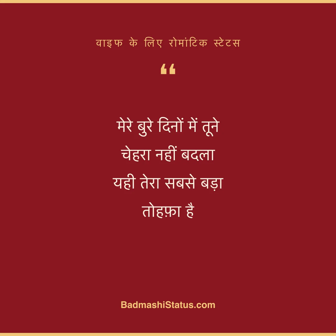 मेरे बुरे दिनों में तूने चेहरा नहीं बदला  यही तेरा सबसे बड़ा तोहफ़ा है - वाइफ के लिए रोमांटिक स्टेटस